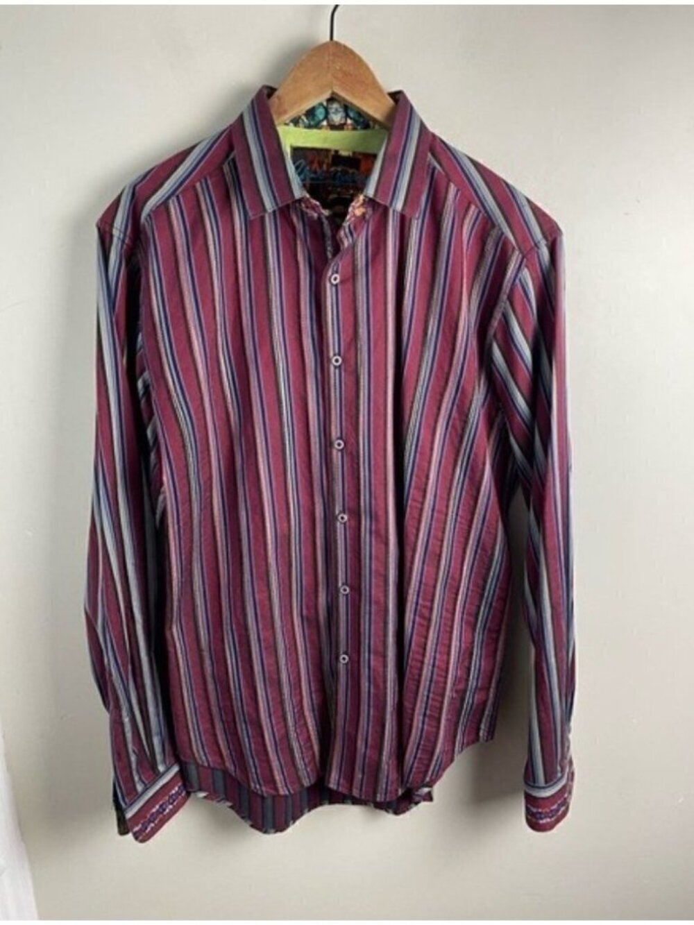 Robert Graham Stripes Paisley flip cuff red blue Mens button up Shirt Size Large